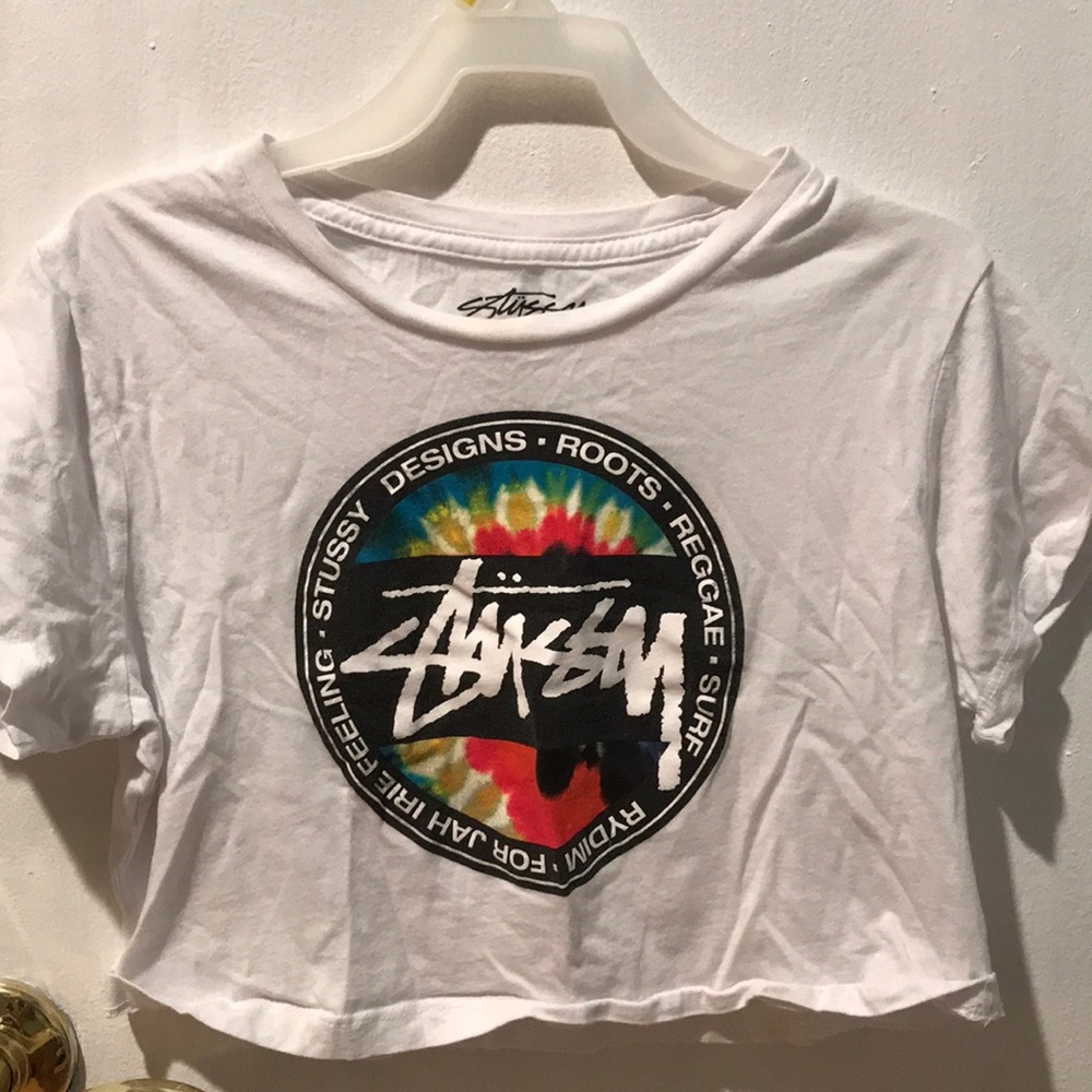 Stussy White Crop Top with Colorful Print
